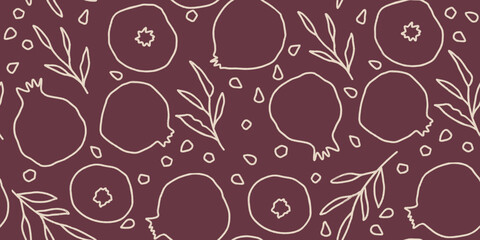 Vector seamless pattern with pomegranate fruits and seeds. Modern floral print. Seamless pattern. Hand drawn style. - 773088578