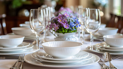 Fototapeta premium Elegant table setting with fine china, glassware, and a centerpiece of fresh flowers, ready for a formal dining event.