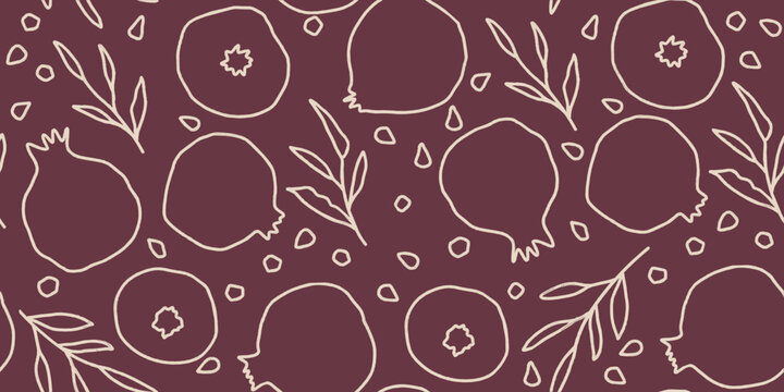 Vector seamless pattern with pomegranate fruits and seeds. Modern floral print. Seamless pattern. Hand drawn style.