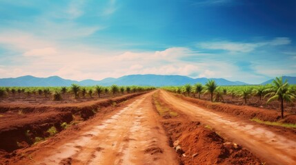 Fototapeta na wymiar Palm oil plantation growing up with blue sky background. AI-generated