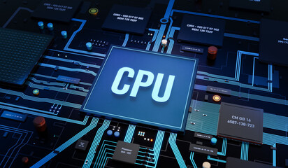 Motherboard with CPU, semiconductors and other computer parts. Transistor, inductor, circuits and random access memory, technology. 3D illustration