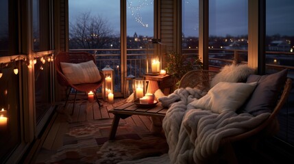 Warm lights and rugs on the balcony on a winter evening. In the style of hygge