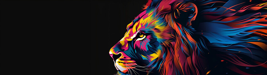 Vibrant Polygonal Lion Side Portrait Against Dark Background