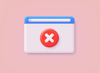 Web page with decline red X cross sign. Negative result, cancel, error and reject concept. 3D Web Vector Illustrations.