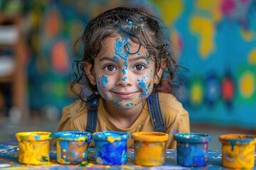 Child playing with colors and paint