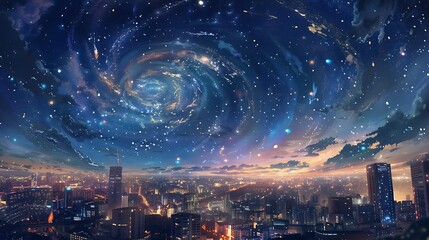 Anime style illustration of a starry sky, with galaxy swirls in the center and city lights