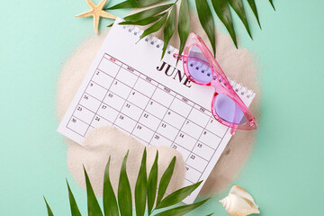 Summer vacation countdown: fresh summer layout of June calendar, pink sunglasses, tropical leaves,...