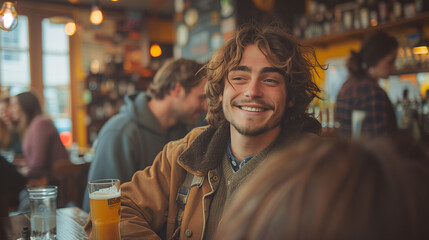 Smiling young man enjoying a drink at a cozy bar with people in the background.