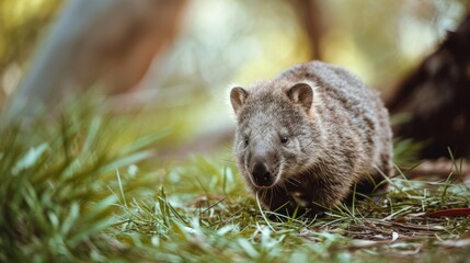 Wombat in wild nature. Copy Space.