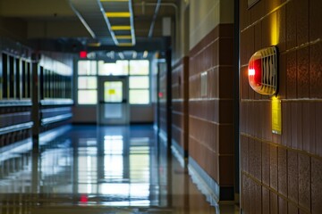 fire alarm strobe visible in modern school hallway - obrazy, fototapety, plakaty