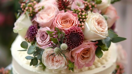 Obraz na płótnie Canvas Close Up of Cake Adorned With Flowers
