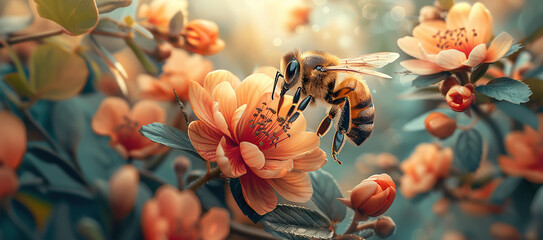 Colorful close-up image of a bee flying up to a flower to collect nectar. The importance of bees and insects for the planet. World Bee Day. Banner - obrazy, fototapety, plakaty