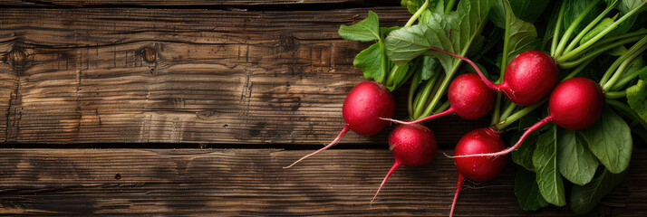 topview of radish on a rustic wooden table - obrazy, fototapety, plakaty
