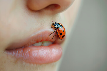 close-up of a ladybug sitting on human lips - obrazy, fototapety, plakaty