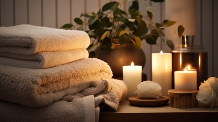 Fototapeta na wymiar Warm candlelight and a stack of plush towels in a hygge bathroom setting.