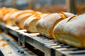 Selbstklebende Fototapeten closeup of conveyor belt with fresh baked bread loaves © studioworkstock
