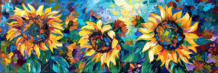 colorful sunflowers in style of a painting - obrazy, fototapety, plakaty