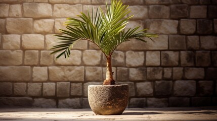 Palm tree in a pot with stone wall background and pebbled floor AI-generated