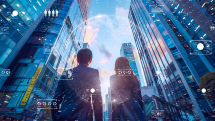 business professionals gazing at skyscrapers with digital data interface overlays, AI and digital concept.