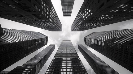 Black and white urban canyon: skyscrapers towering towards a cloudy sky, creating a dramatic...