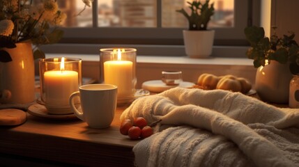 Obraz na płótnie Canvas Warm blankets and candles in the kitchen for breakfast. In the style of hygge