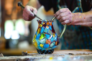 crafting a multicolored glass pitcher with a spout - obrazy, fototapety, plakaty