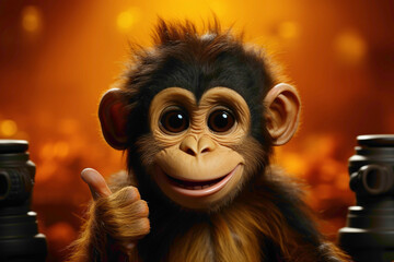 A cute monkey with an approving thumbs-up pose set against a lively yellow backdrop, creating a joyful and animated scene. - obrazy, fototapety, plakaty
