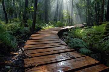A wooden bridge situated within a forest.Accepting the Divine Path, the forest path, Morning in the woodland, continuing on the road to success