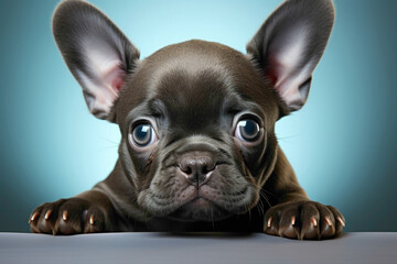 A cute mint-colored French Bulldog puppy sitting elegantly on a pristine white surface, capturing every charming detail.