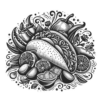 taco surrounded by ingredients and sauces, highlighting Mexican cuisine sketch engraving generative ai raster illustration. Scratch board imitation. Black and white image.