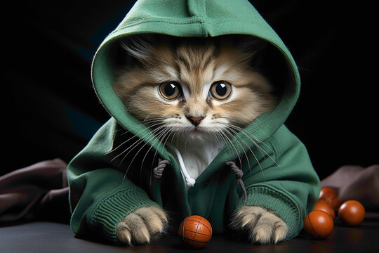 A cute little kitten dressed in a trendy hoodie, playing with a ball of yarn on a fresh green backdrop.