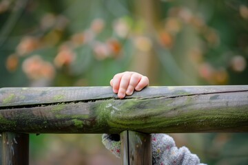 childs hand holding a wooden handrail in a park - obrazy, fototapety, plakaty
