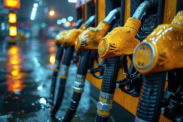 Fuel pumps at gas station close up shot, diesel and petrol pumps