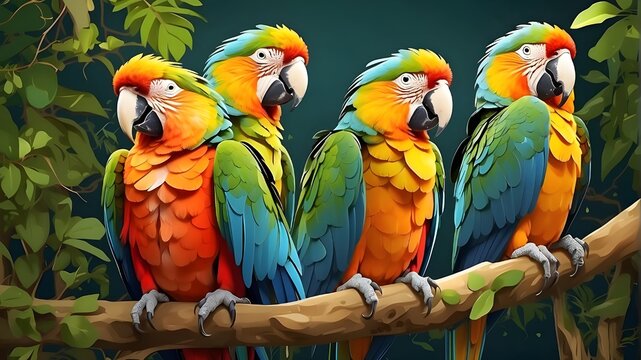 Illustration of birds and animals, plants and rainforests, Macaw and Ari parrots. AI generative. Image of wildlife, nature, jungle, parakeets and birds, pets, and fauna