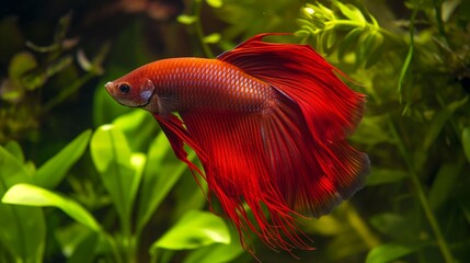 A red fighting fish swims gracefully in a fish tank.Generative AI illustration