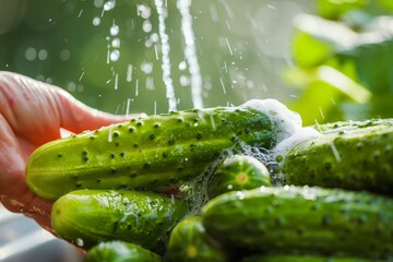 individual washing fresh cucumbers for pickling - obrazy, fototapety, plakaty