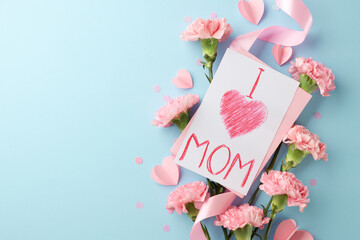Love for Mom on a spring day: A top-down shot with 'I love mom' card, carnations, and pink hearts...