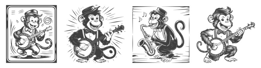 Set of retro musical monkey vector illustration, Generative AI. - obrazy, fototapety, plakaty
