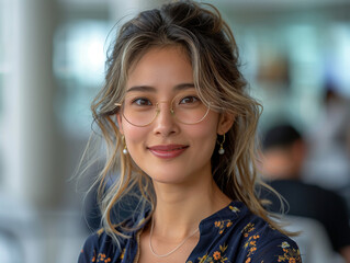 Portrait d'une jeune étudiante à lunettes avec une chemise posant une salle de classe, enseignement supérieur