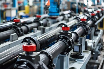 Obraz premium hydraulic cylinders in a factory, aligned on a production line