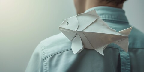 Close-up of a paper fish on a man's back. A joke for April Fool's Day - obrazy, fototapety, plakaty