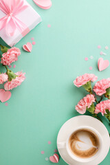 Celebrating Mother's love: Top-down vertical view of coffee cup with heart-shaped foam, gift box with pink ribbon, carnations, and paper hearts on teal background with space for greetings - obrazy, fototapety, plakaty