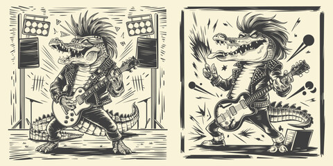 Rockstar crocodile vintage woodcut vector illustration. Generative AI. - obrazy, fototapety, plakaty