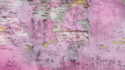 Texture of Pink Paint Peeling Off Brick Wall.