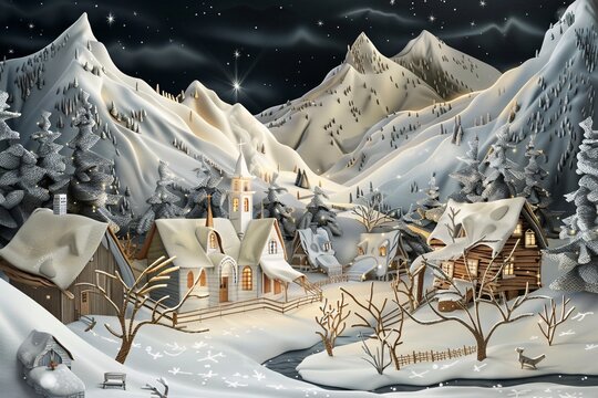 Snowy Mountain Scene with Church and Christmas Tree Generative AI