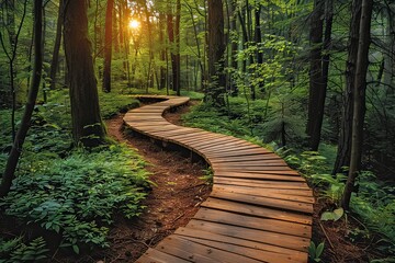 A wooden bridge situated within a forest.Accepting the Divine Path, the forest path, Morning in the woodland, continuing on the road to success