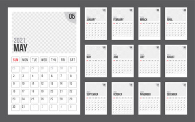 Week starts on Monday. Set of 12 months. Calendar template for 2021 year. Business planner. Corporate and business calendar. Planner diary in a minimalist style. Vector illustration