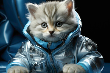 A cute kitty donning a futuristic silver spacesuit, sitting gracefully on a cool blue surface.