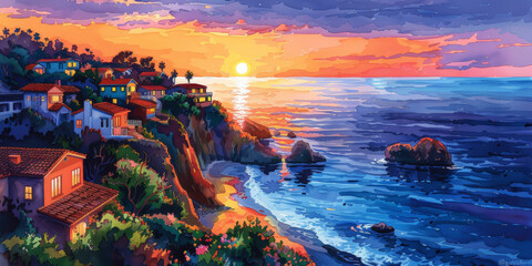 Cliffside village at sunset, clipcat detail, watercolor ocean, high angle