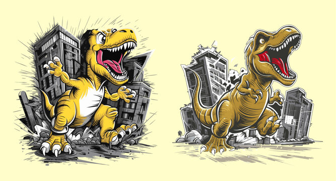 City rampage - t-rex vector illustration. Generative AI.